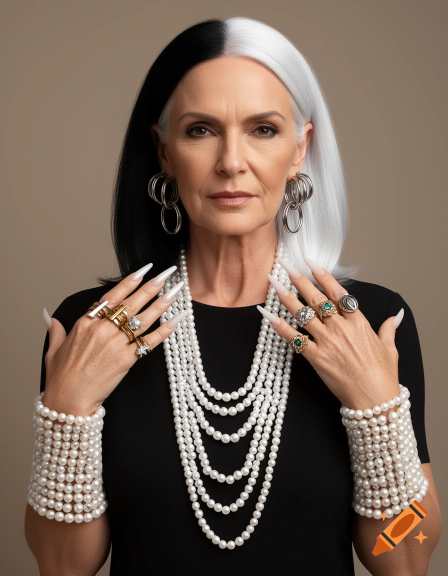 A mature woman with half black, half white hair wears many pearl necklaces, bracelets, and rings, with very long white fingernails.