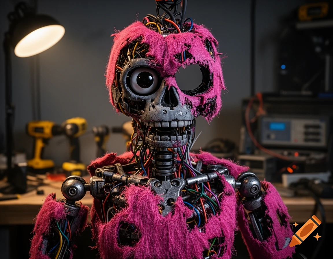A photorealistic image of a damaged, skeletal robot with exposed wires and torn pink fabric, illuminated by a desk lamp in a workshop.