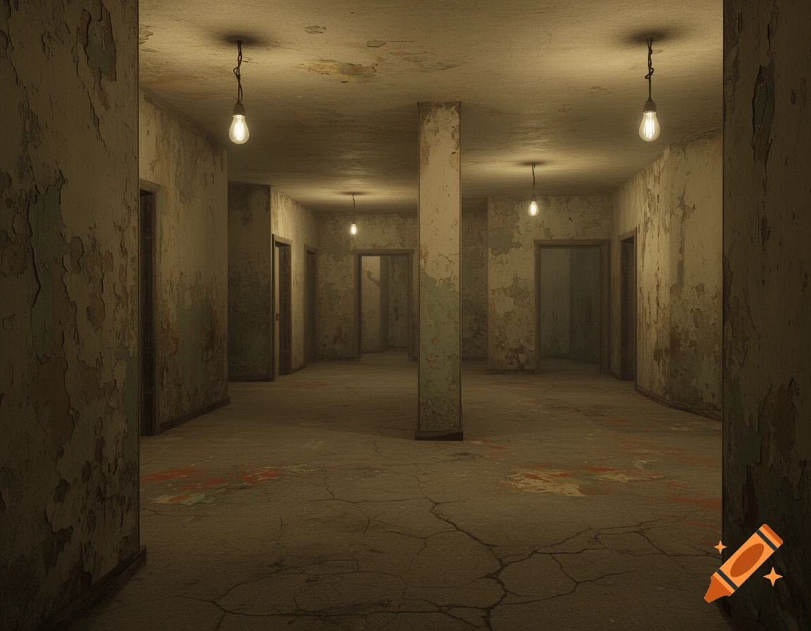 A dimly lit, rundown maze of concrete rooms with peeling paint on walls and cracked floors, illuminated by bare light bulbs.