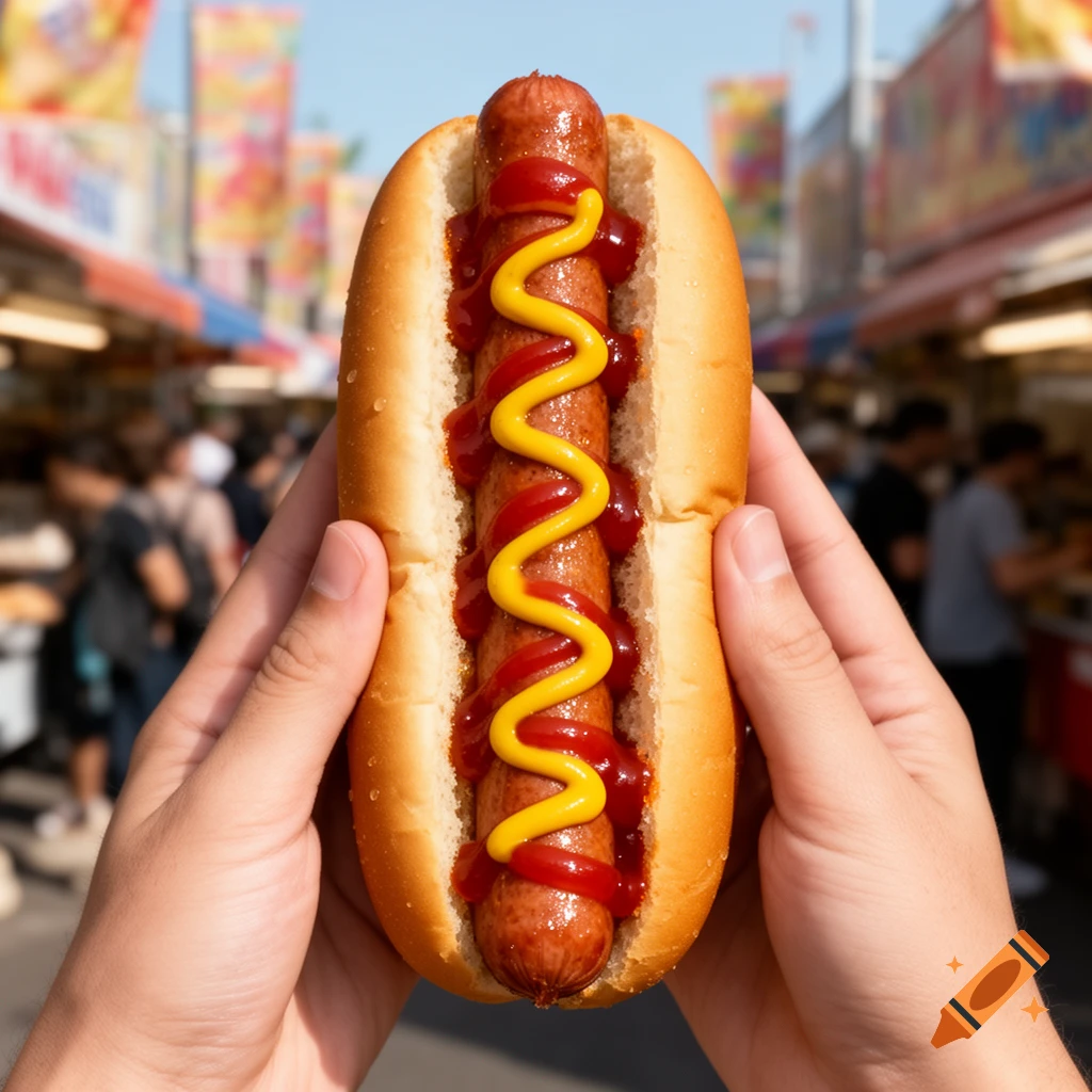 Hands holding a hot dog with ketchup and mustard at a sunny fair or carnival.