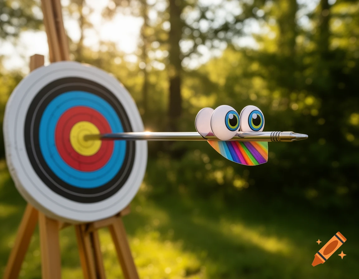 A whimsical arrow with googly eyes hits the bullseye of an archery target in a sunlit outdoor setting.