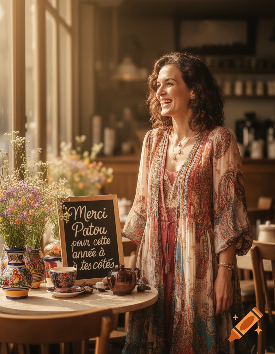 Smiling woman in a bohemian dress stands in a sunlit cafe next to a table with a chalkboard sign.