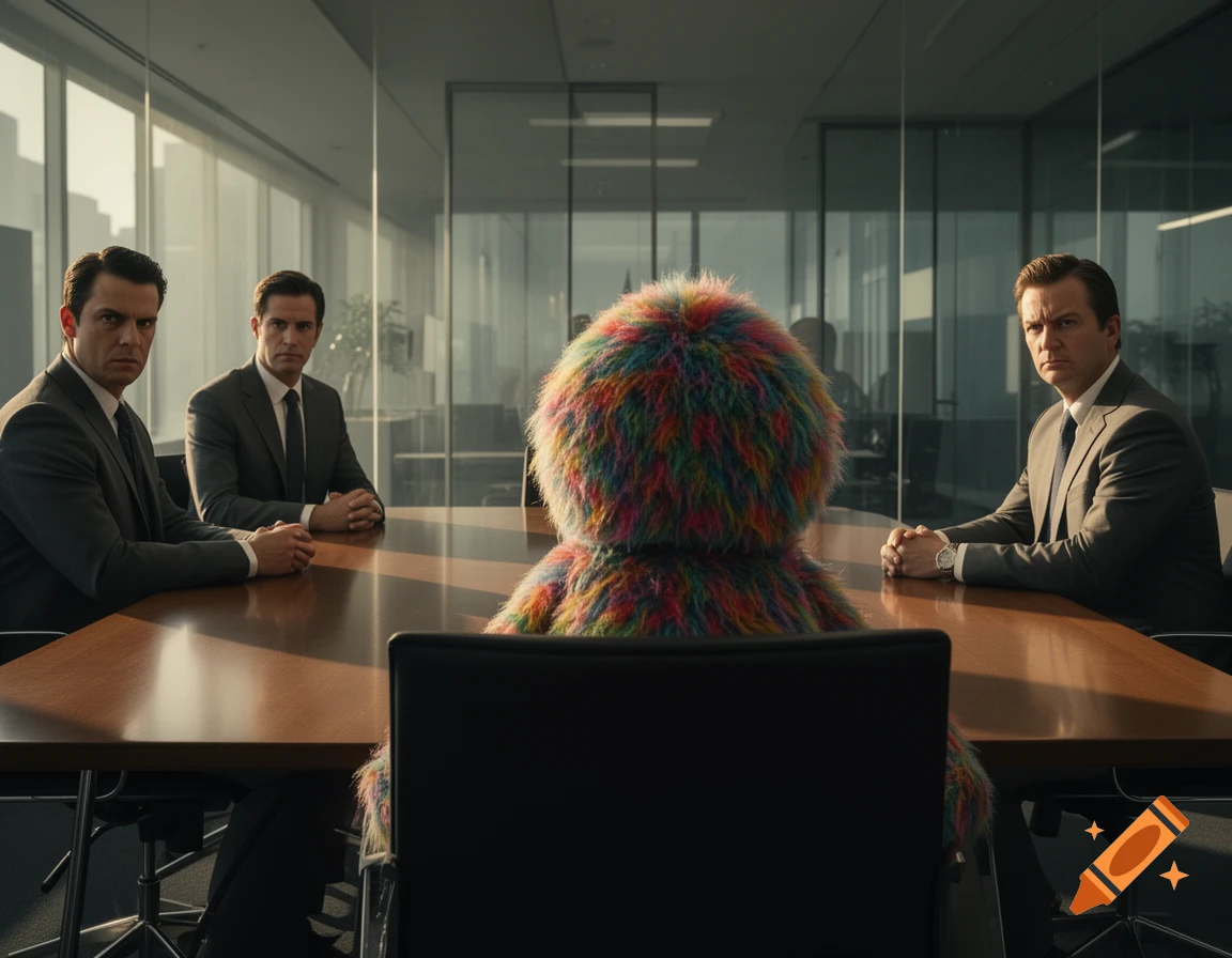 A colorful, shaggy muppet sits at a conference table, its back to the camera, facing three stern men in suits in a modern office.
