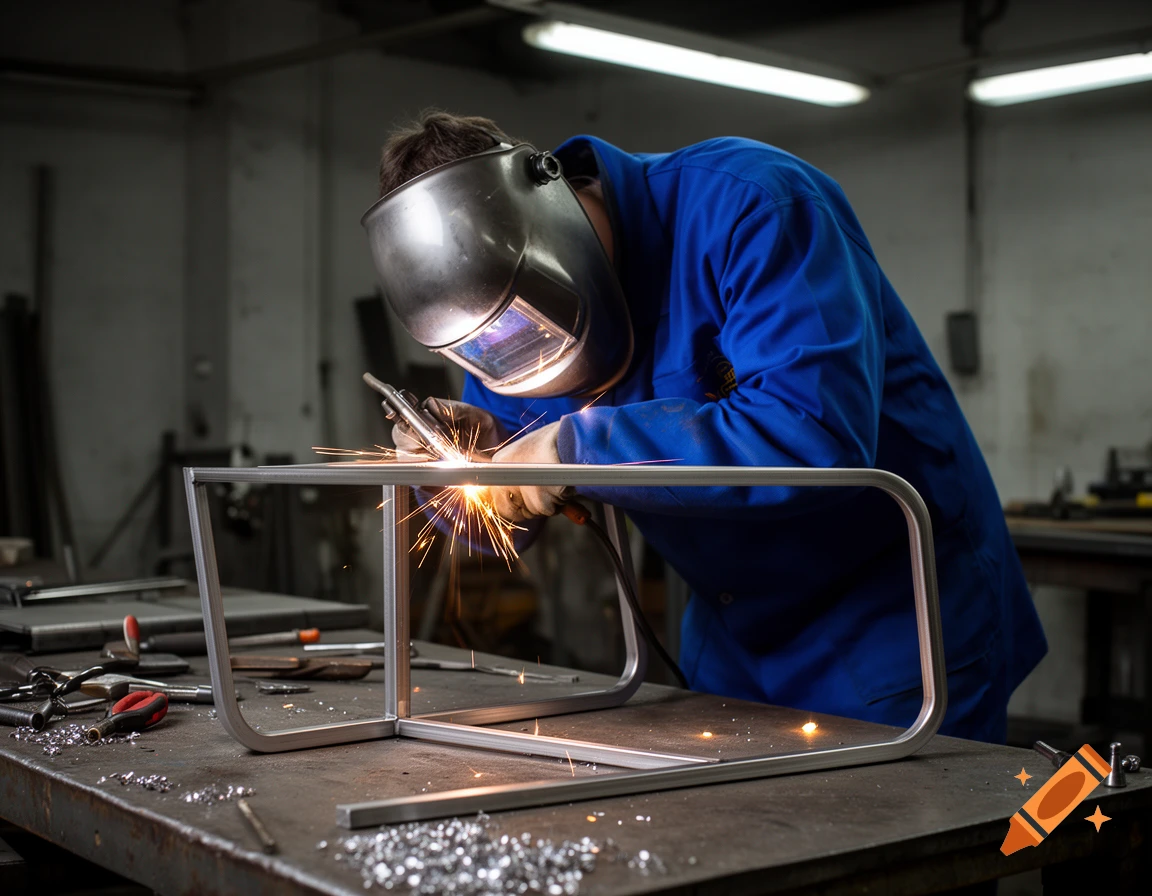 A man in a blue suit and welding mask welds a metal frame, sparks flying, in a workshop.