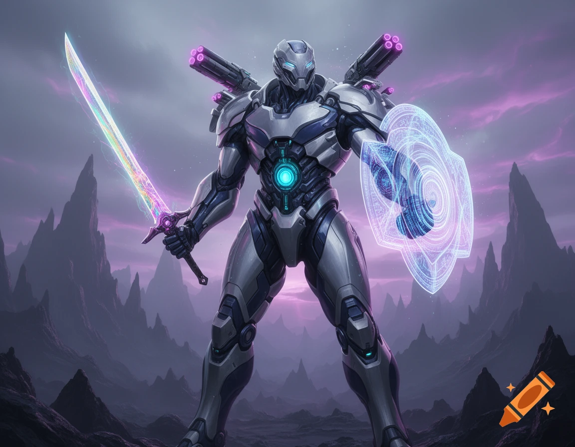 A futuristic titan warrior in silver and blue armor holds a glowing rainbow sword and a holographic shield on a rocky alien planet under a purple sky.