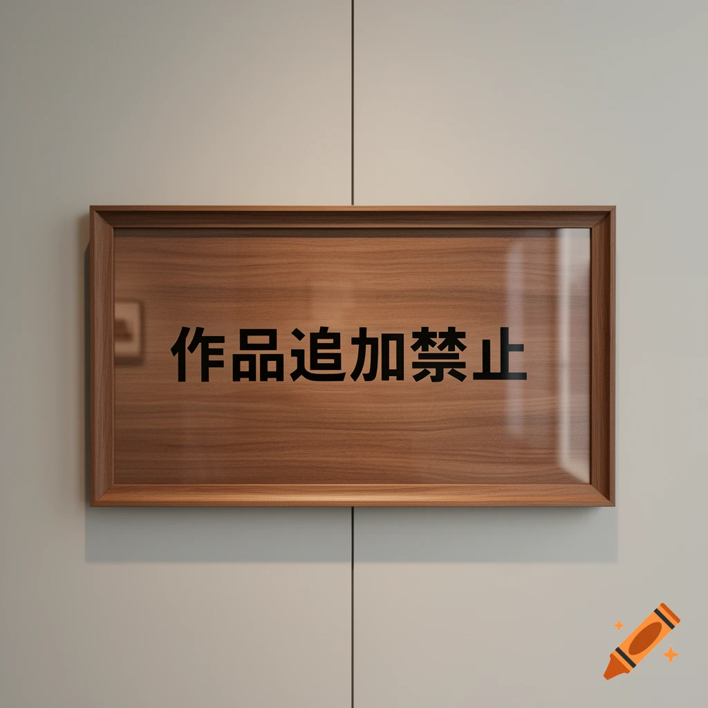A close-up, photorealistic image of a wooden sign with a glass cover, displaying the Japanese text "作品追加禁止" (No new works allowed) in black, mounted on a light gray wall.