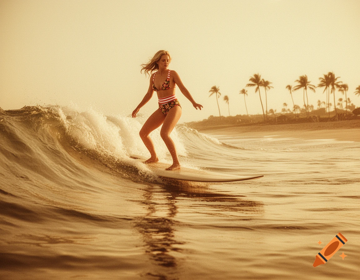 A blonde woman in a floral bikini surfs a wave during a retro-toned sunset, with palm trees on the distant beach.