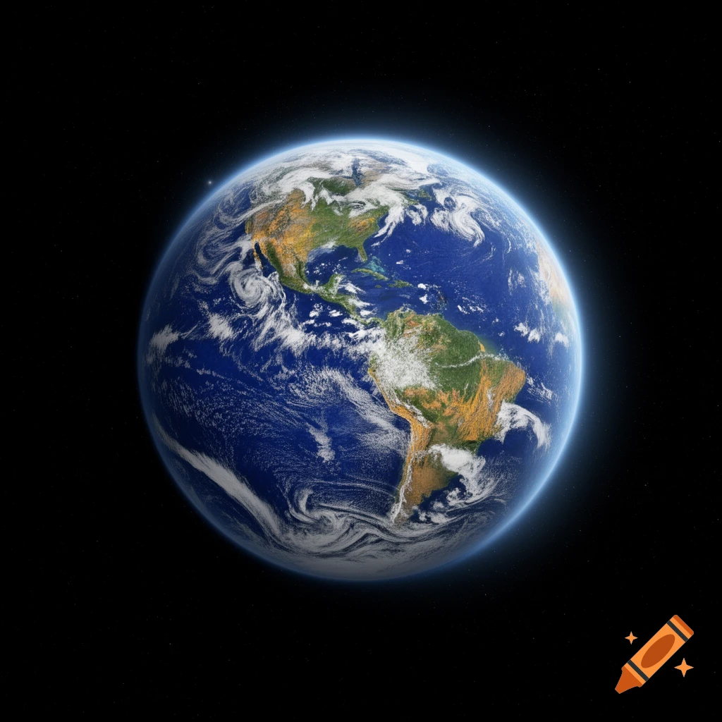 Photorealistic depiction of Earth from space, featuring North and South America, swirling clouds, and vibrant blue oceans against a dark cosmos.