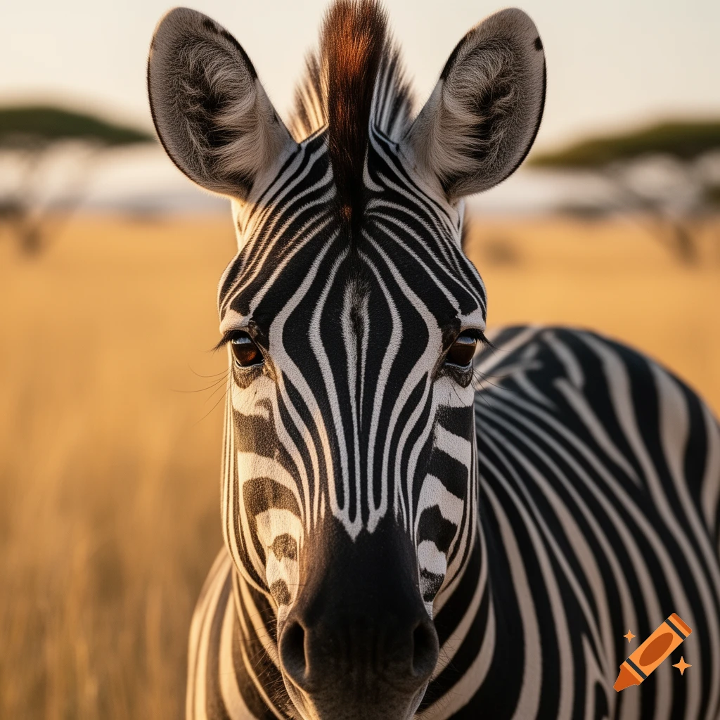 Close-up, eye-level shot of a zebra's face and upper body in a sunny, golden savanna.