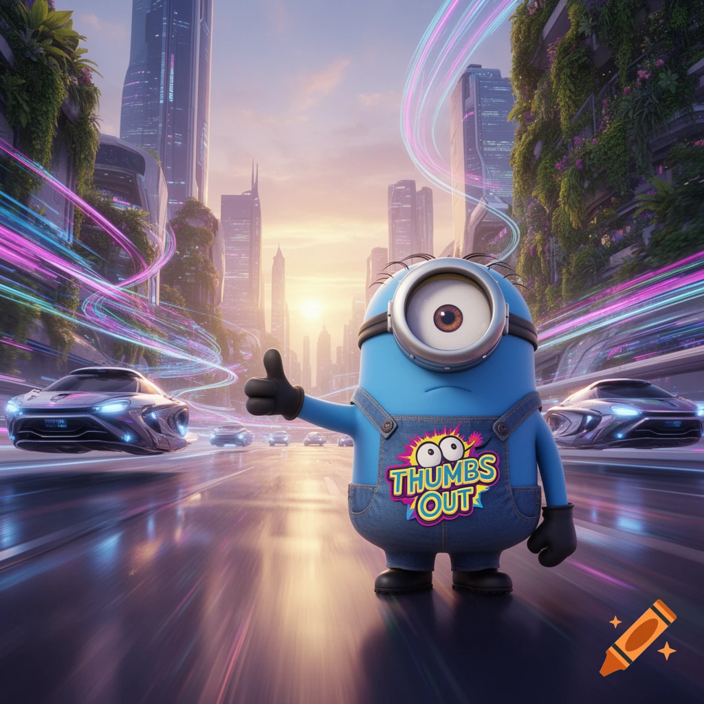 A blue Minion in overalls with 'THUMBS OUT' on its shirt gives a thumbs-up in a futuristic city with hovering cars and neon light trails.