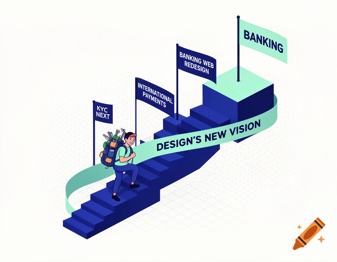 Flat vector illustration of a man climbing stairs towards a 'Banking' flag, with 'Design's New Vision' on a ribbon.