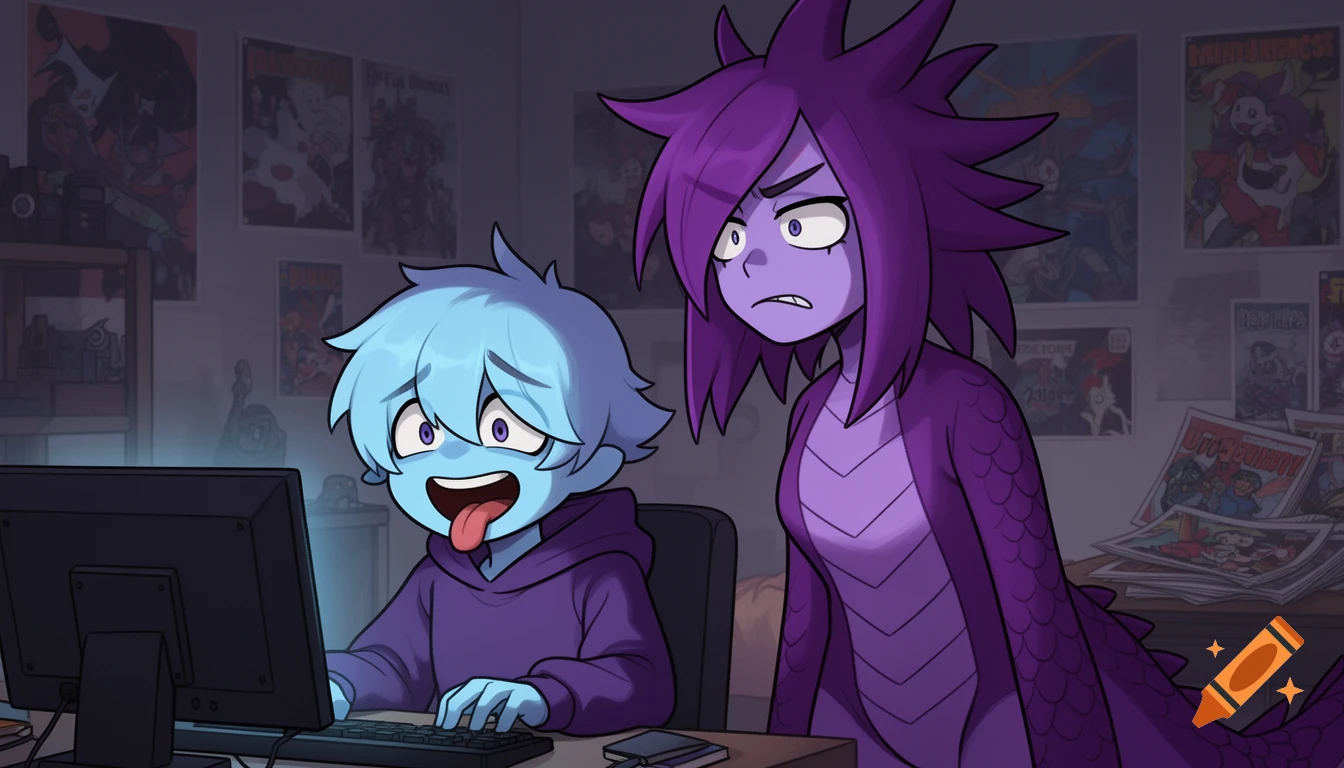 A blue cartoon character plays computer with tongue out as a purple character looks confused/disgusted in a dim room with posters.