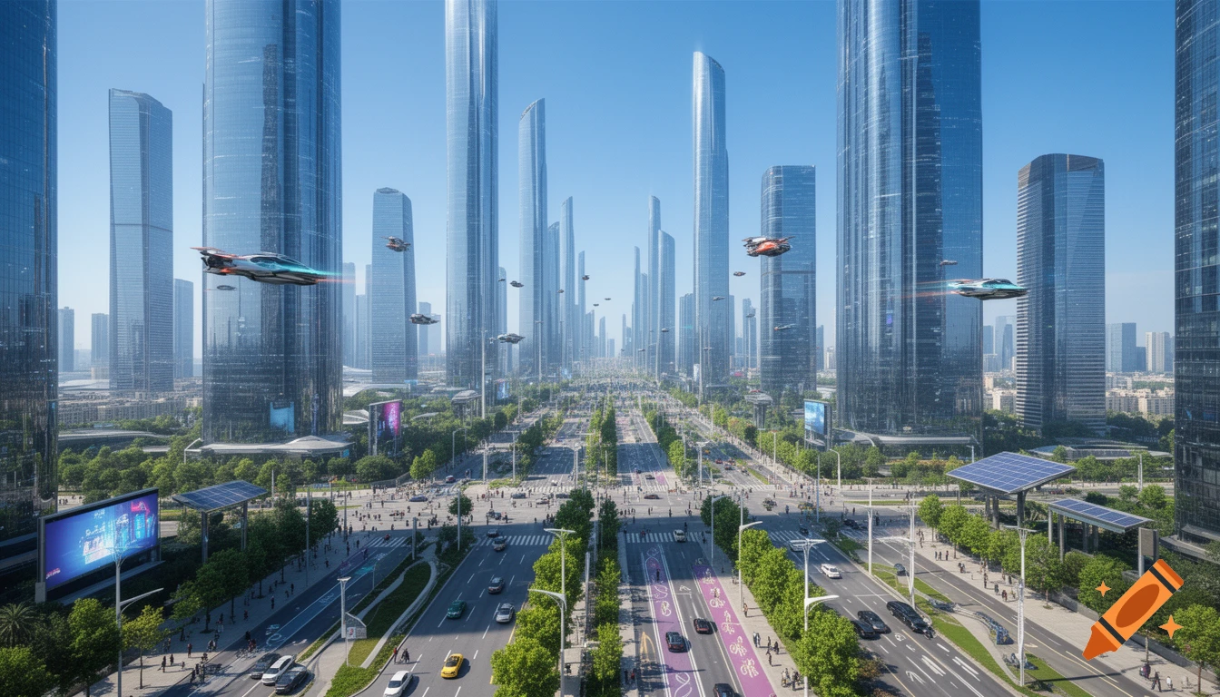 A futuristic city with tall glass skyscrapers, lush green avenues, flying vehicles in the sky, and cars on wide multi-lane roads with purple marked bike lanes.