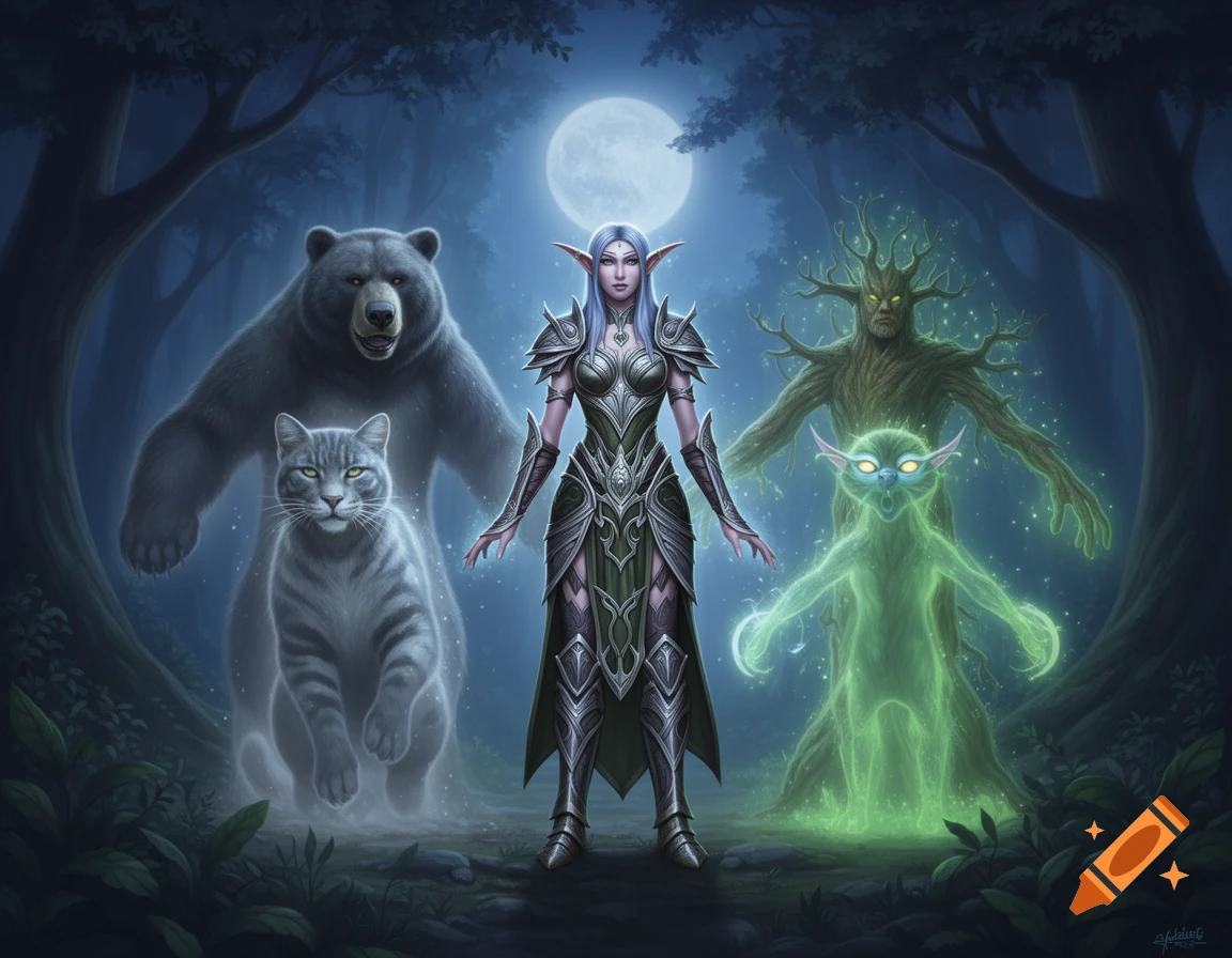 A night elf druid in armor stands under a full moon in a mystical forest, surrounded by ghostly forms of a bear, cat, tree-man, and glowing imp.