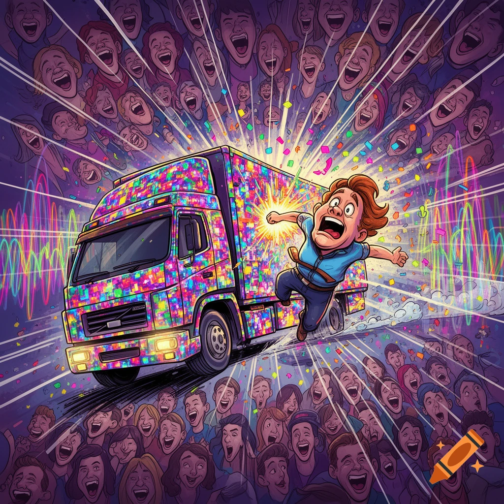 A chaotic cartoon scene shows a red-haired man being hit by a colorful, pixelated truck, surrounded by a crowd of loudly laughing people against a vibrant, energetic background.