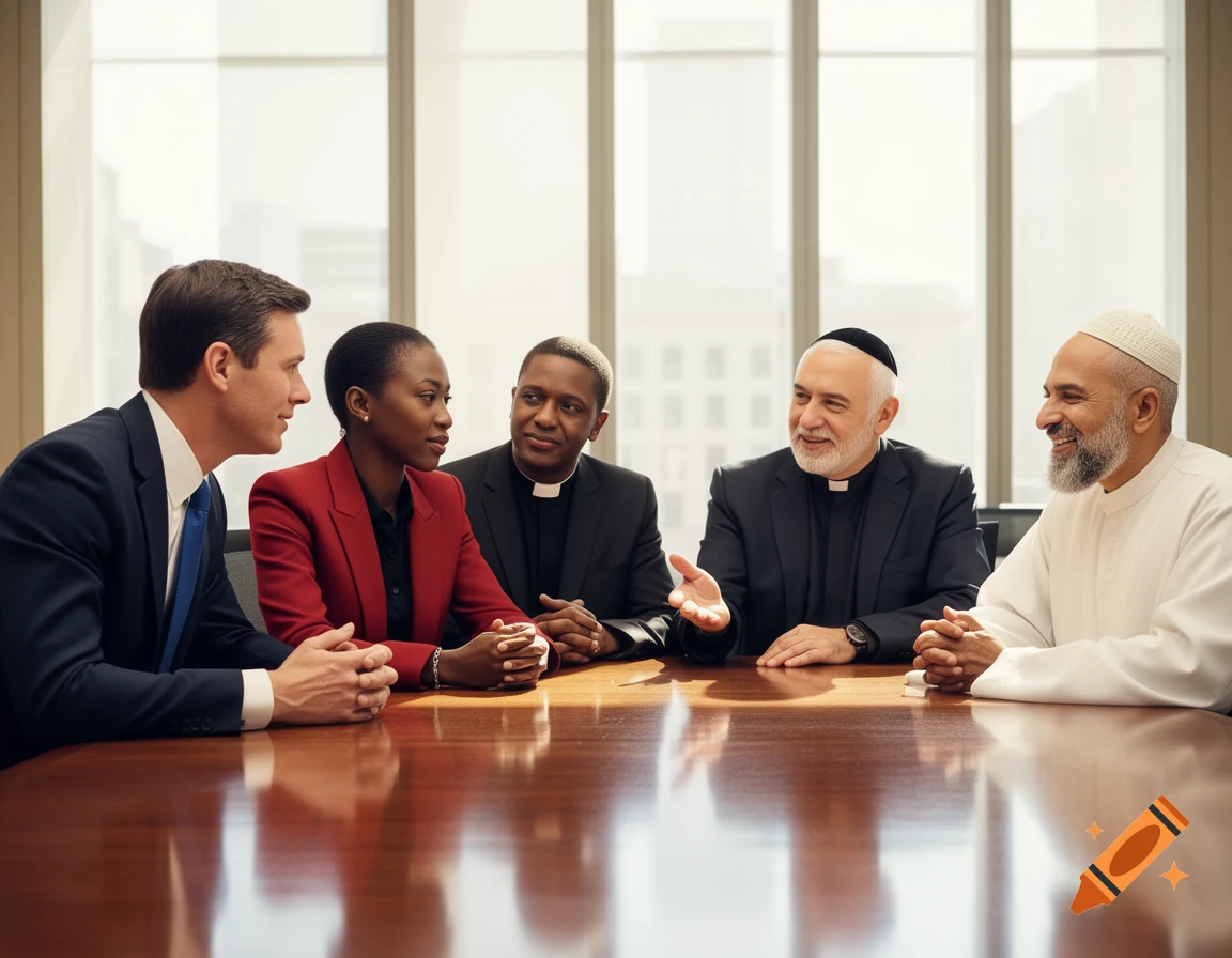 Five diverse individuals: a businessman, businesswoman, priest, rabbi, and imam, sit around a conference table engaged in discussion. Photorealistic.
