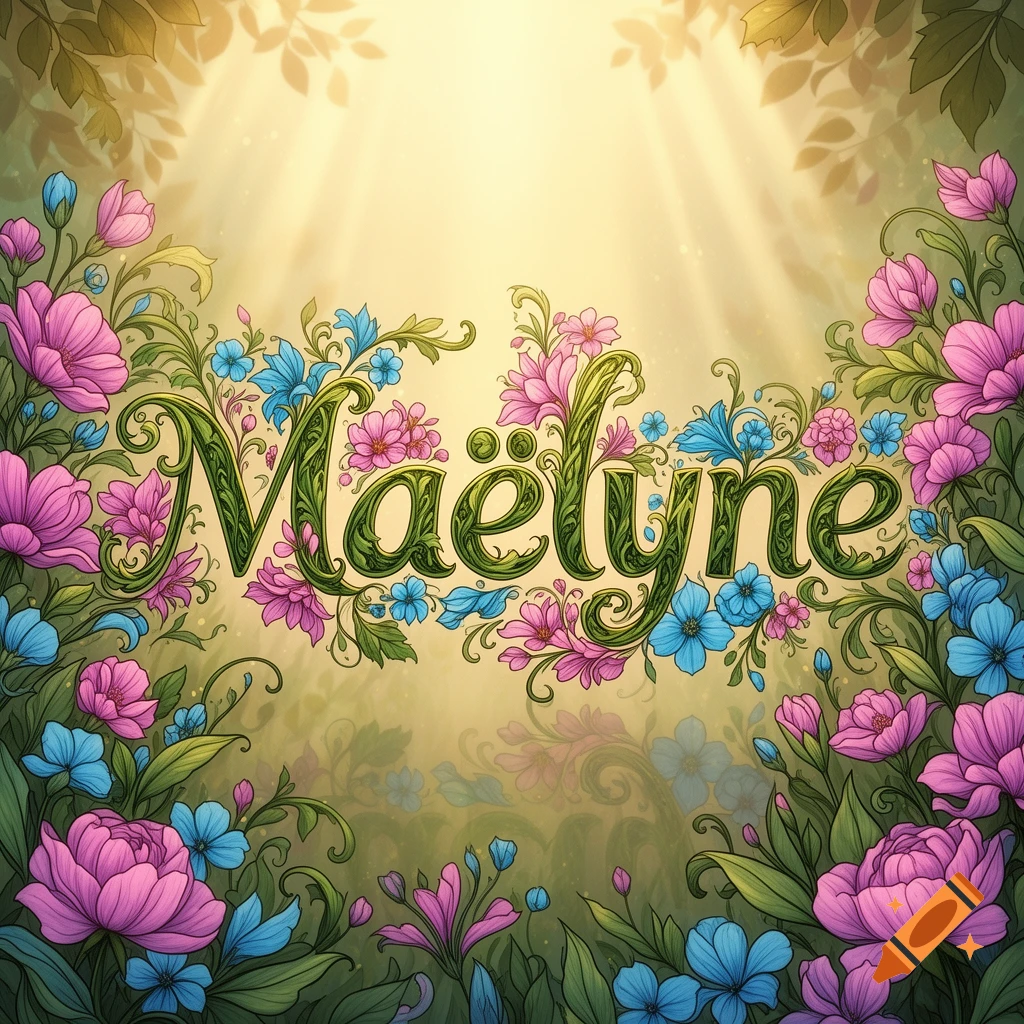 The name Maëlyne in green leafy script, surrounded by pink and blue flowers and green foliage under sunbeams.