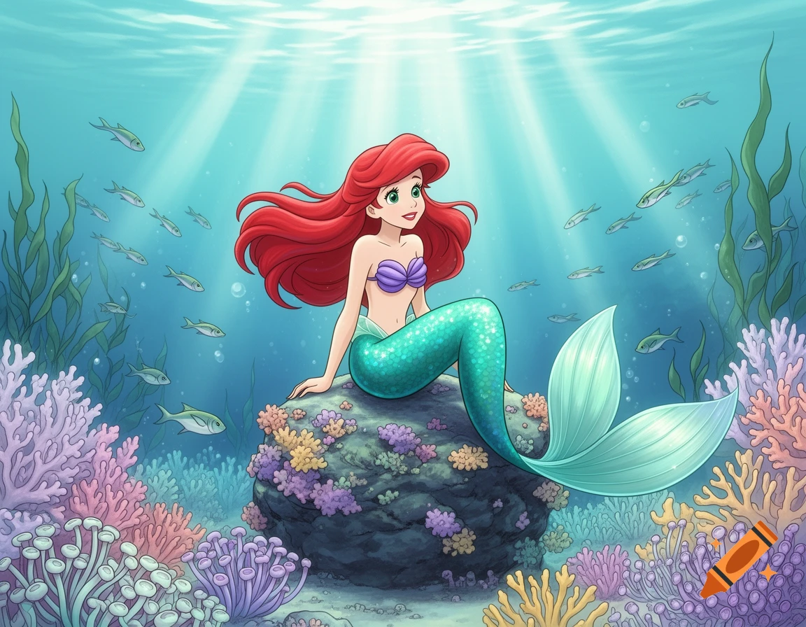 Cartoon illustration of The Little Mermaid Ariel with red hair and a green tail, sitting on a rock underwater among colorful coral and fish.