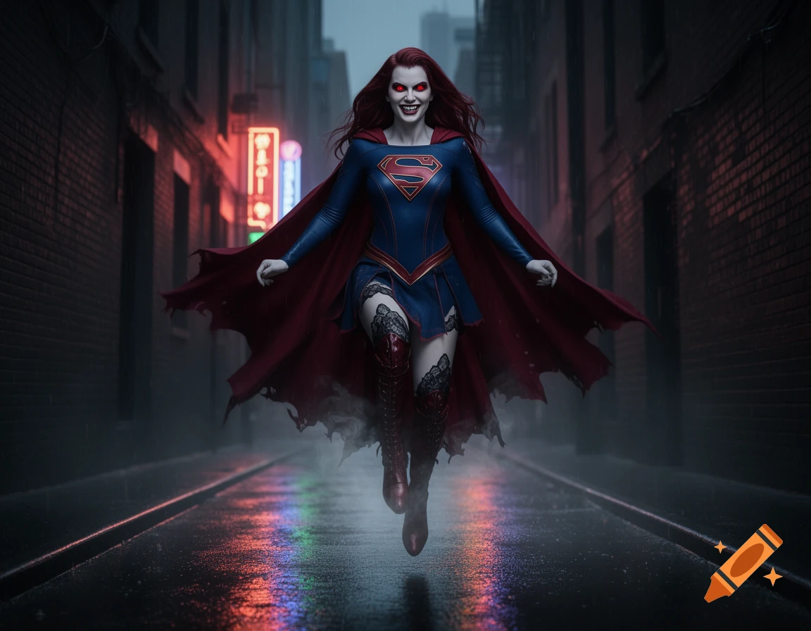A red-haired vampire Supergirl with glowing red eyes and fangs floats in a dark, rainy alley, wearing a torn blue and red suit.