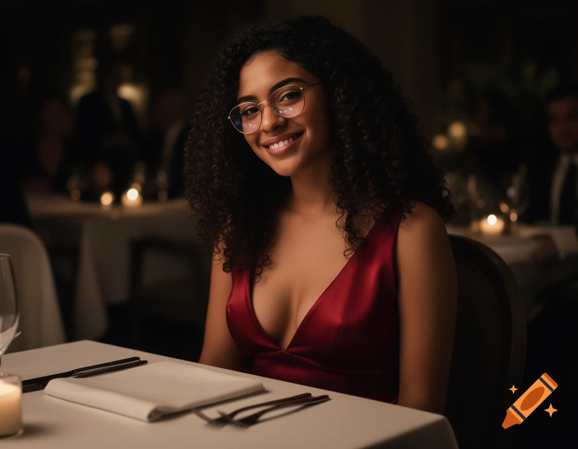 A smiling young Latina woman with curly hair and glasses in a red dress sits at a table in a dimly lit upscale restaurant.