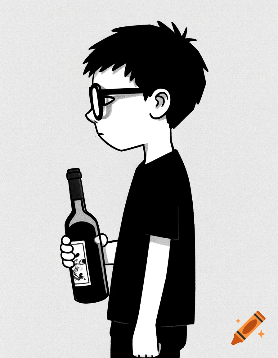 Black and white drawing of a boy in profile wearing glasses and holding a bottle of wine.