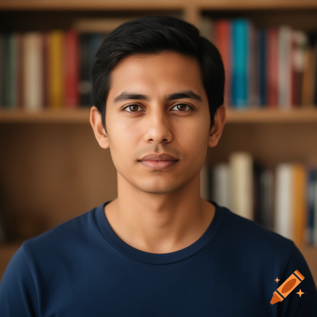 A headshot of a young man with dark hair and brown eyes wearing a blue shirt, in front of a blurred bookshelf.
