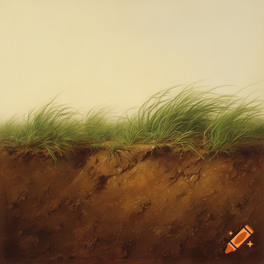 A painted cross-section of earthy brown soil with vibrant green grass growing from the top, against a pale sky.