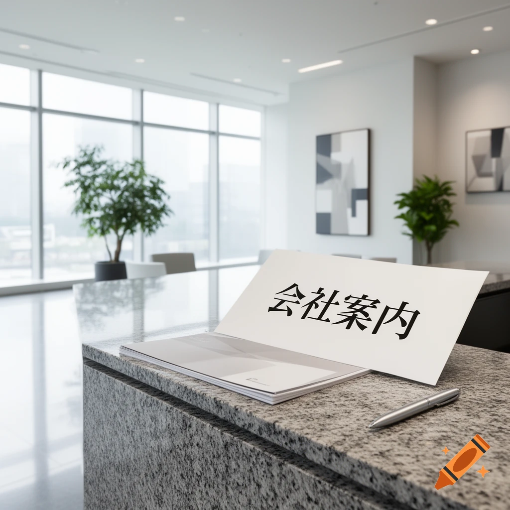 A photorealistic image of an open 'Company Guide' document on a speckled gray counter in a bright, modern office with large windows.