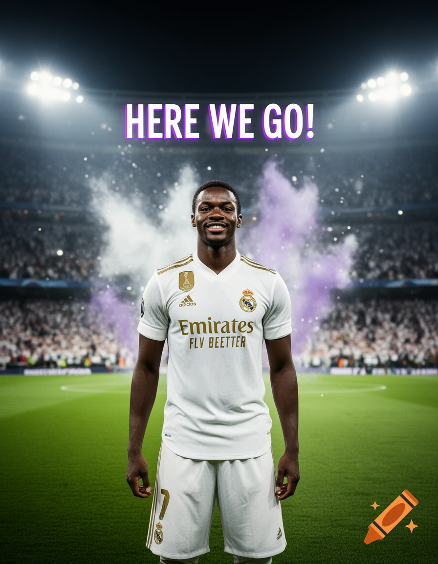 A smiling male footballer in a white Real Madrid jersey stands on a green pitch in a stadium with purple smoke and the text "HERE WE GO!" above him.