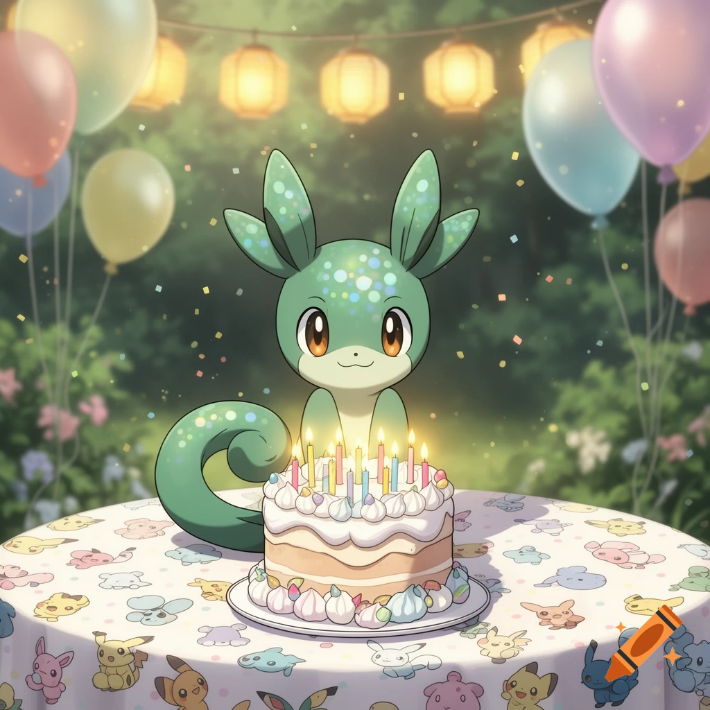 A cute green Sprigatito-like Pokémon character sits behind a birthday cake with lit candles, surrounded by colorful balloons and confetti at an outdoor party.