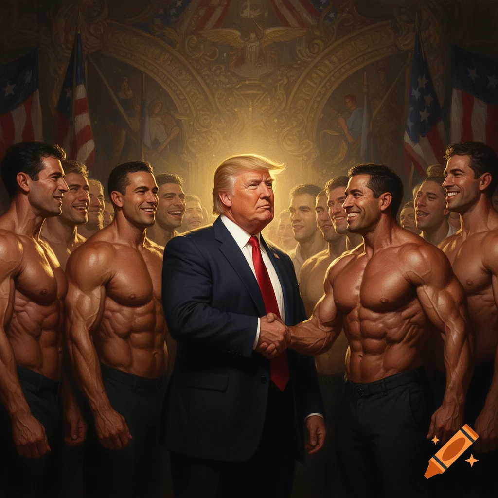 Donald Trump, in a suit, shakes hands with a muscular, shirtless man, surrounded by other muscular men in a grand, flag-draped hall, painted in a classical style.