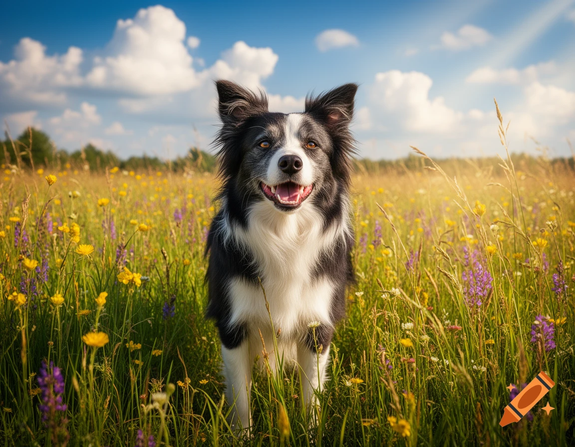 A happy Border Collie with black and white fur stands in a sunlit meadow filled with yellow and purple wildflowers.