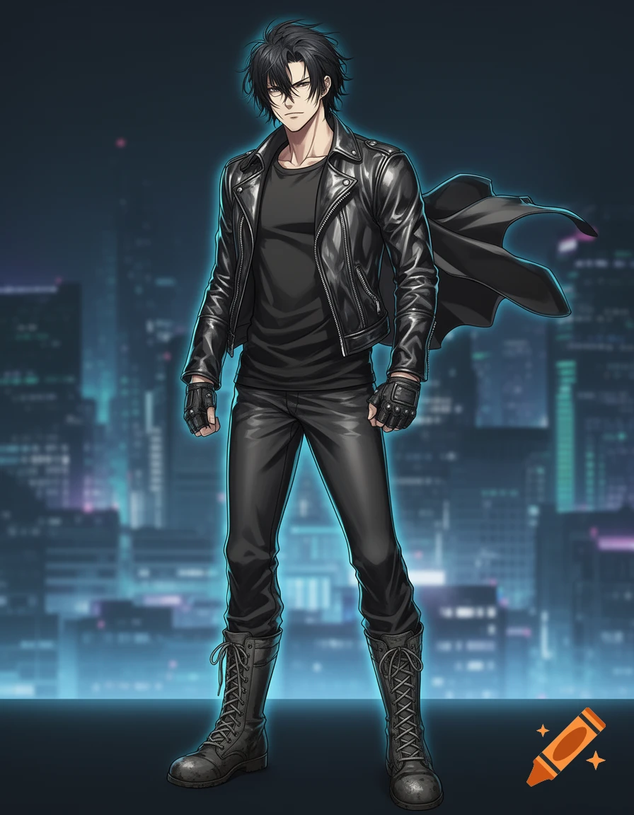 An anime man with black hair, wearing a black leather jacket, t-shirt, pants, and combat boots, stands against a blurred blue cityscape.