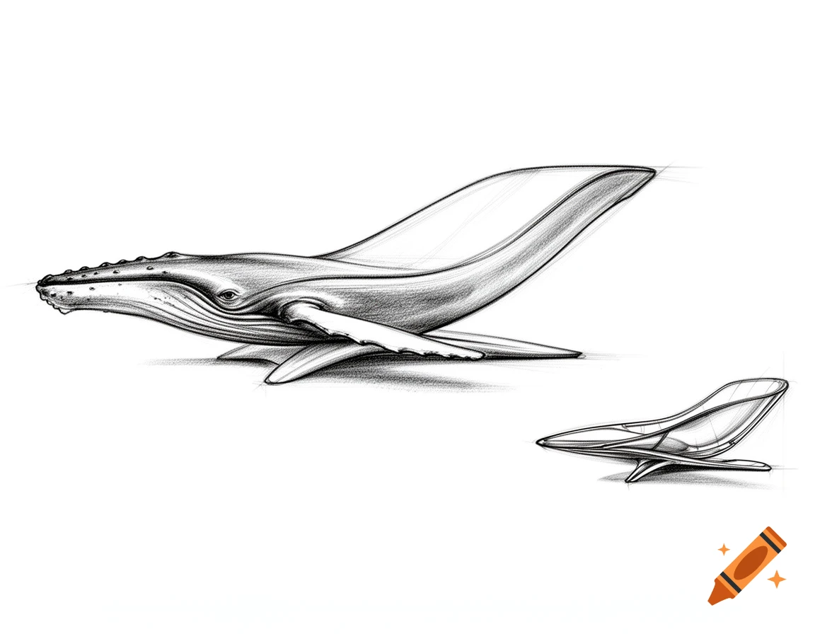 Minimalist black pencil sketch of two retro-futuristic furniture designs inspired by a humpback whale, one main and one side view.