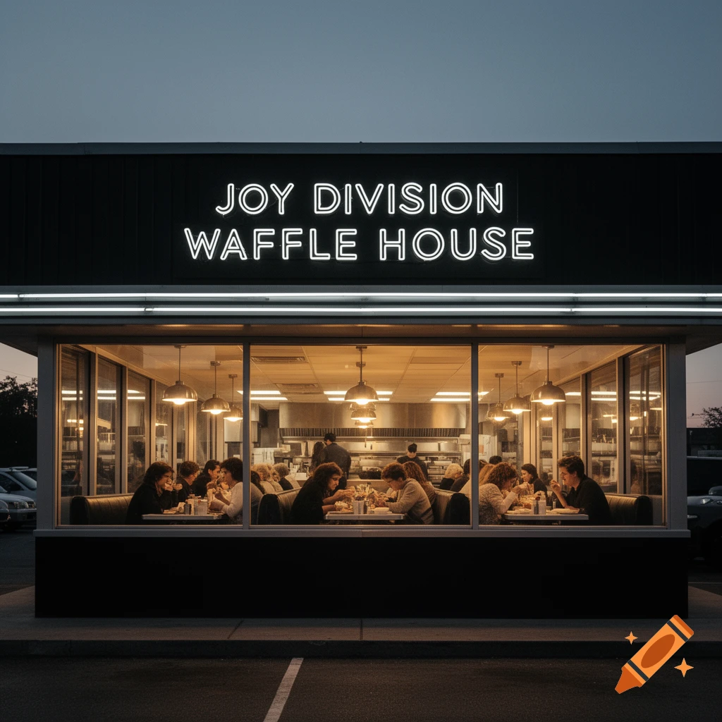 A photorealistic image of 'Joy Division Waffle House' diner at dusk with neon sign and patrons eating inside.