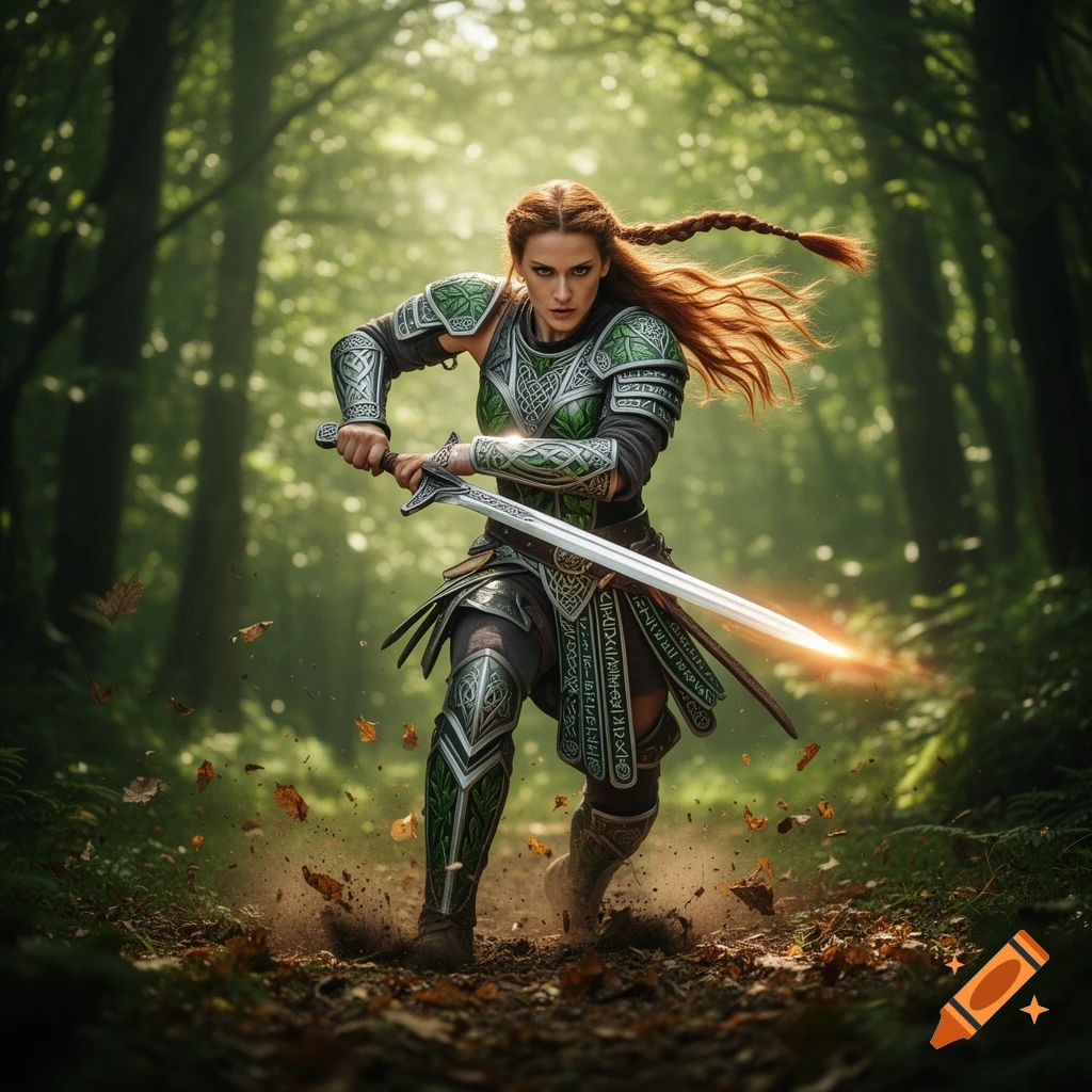 A fierce red-haired female warrior in ornate green and silver armor wields a glowing sword while running through a sunlit forest, kicking up dirt and leaves.