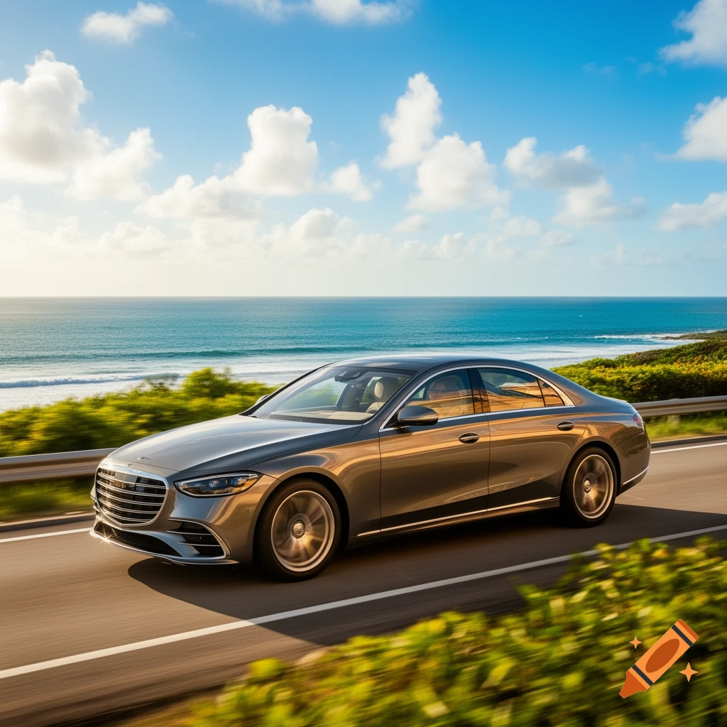 A gray luxury sedan drives along a scenic coastal highway with the ocean and a blue sky in the background.