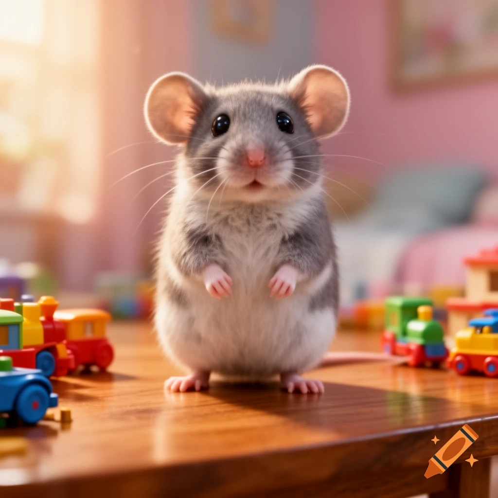 A cute, fluffy mouse stands on its hind legs on a wooden table, surrounded by colorful toy trains in a soft-lit room.