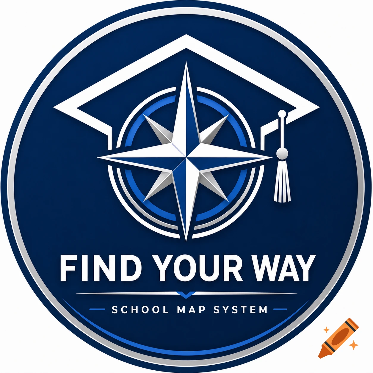 A circular blue logo featuring a white graduation cap and a compass star, with the text 'FIND YOUR WAY' and 'SCHOOL MAP SYSTEM'.