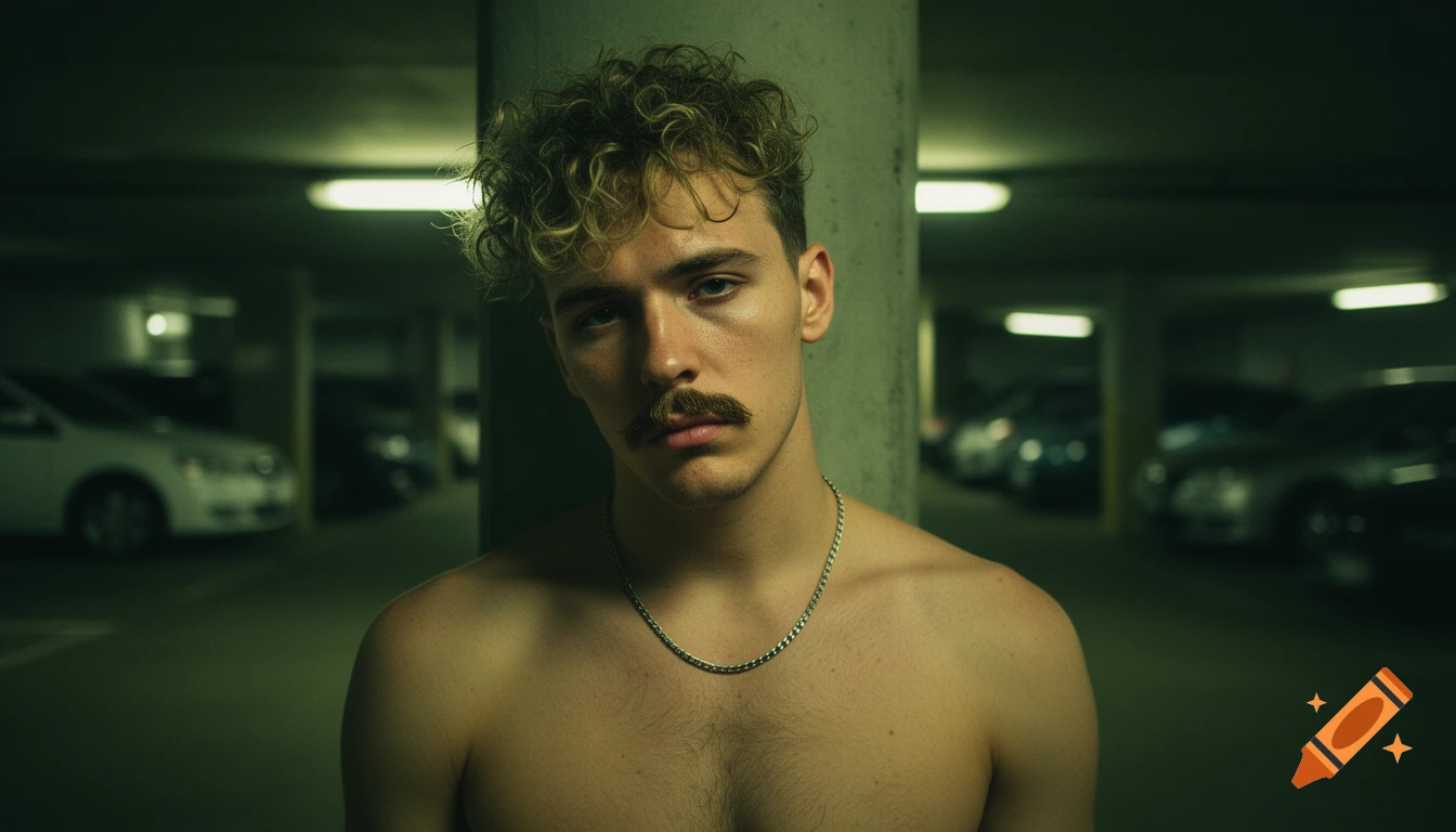 A shirtless young man with curly hair and a mustache leans against a concrete pillar in a dimly lit parking garage, looking at the camera. Photorealistic style.