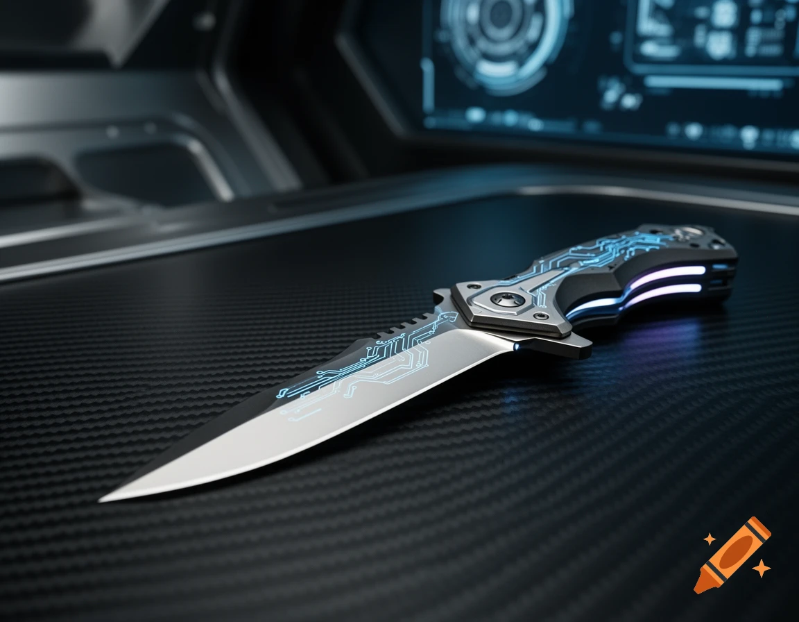 A sleek, futuristic combat knife with glowing blue circuit patterns on the blade, resting on a carbon fiber surface.