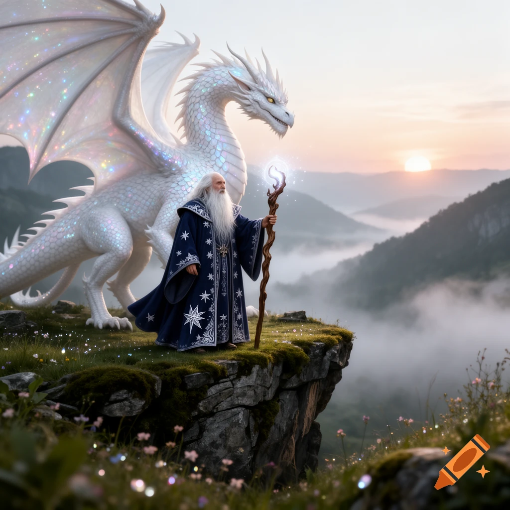 A wise old wizard with a long white beard stands on a cliff with a sparkling white dragon, overlooking a misty mountain valley at sunset.