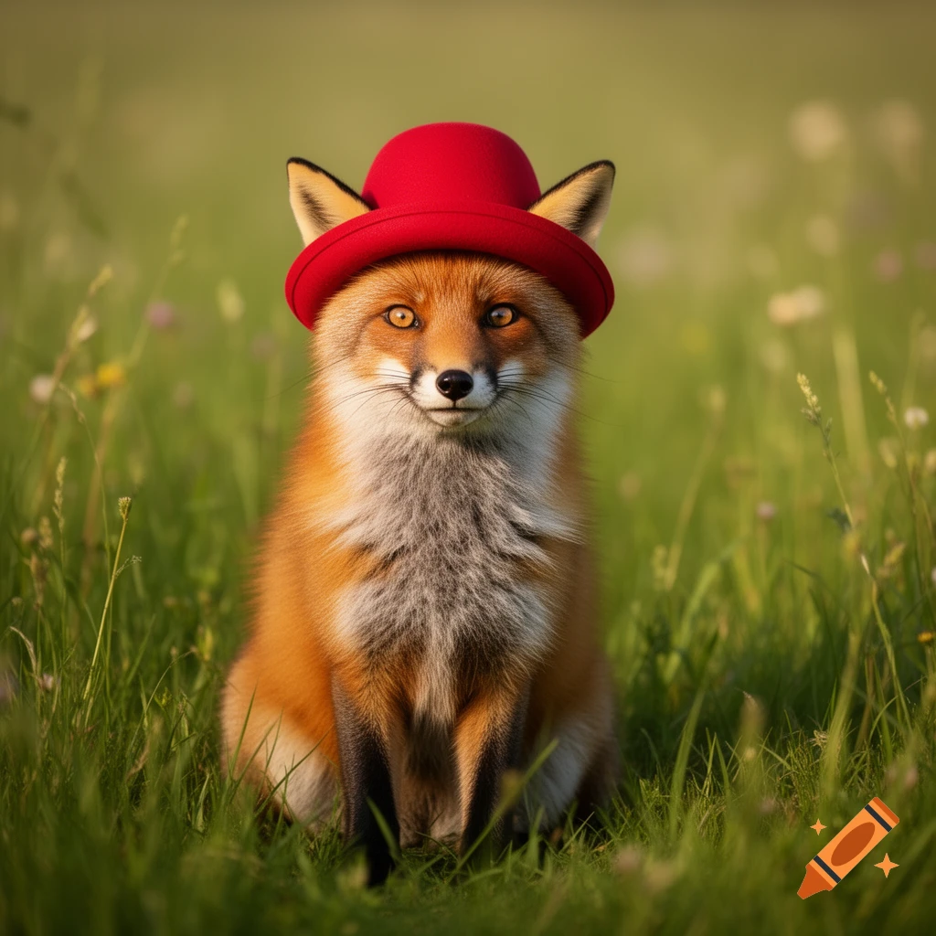 A photorealistic fox wearing a red hat sits in a grassy field.