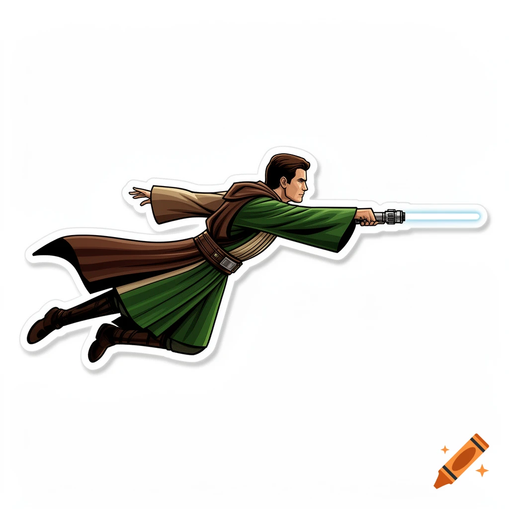 Cartoon sticker of a flying Jedi in brown and green robes holding a lit blue lightsaber, viewed from the side.