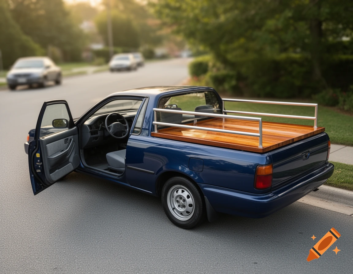 A blue custom pickup truck, modified from a sedan, with a wooden bed, parked on a suburban street with its driver's door open.