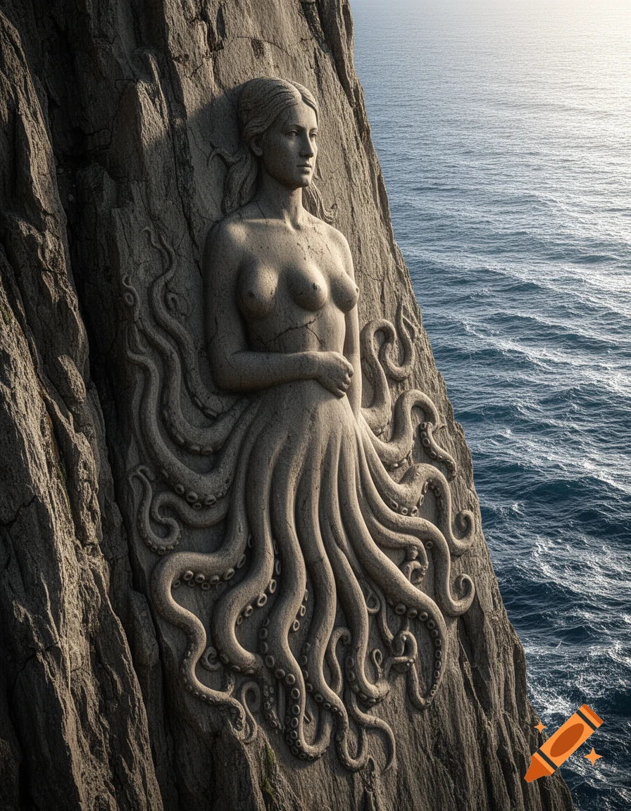 Photorealistic stone sculpture of a bare-chested woman with an octopus lower body, carved into a cliff overlooking the ocean.