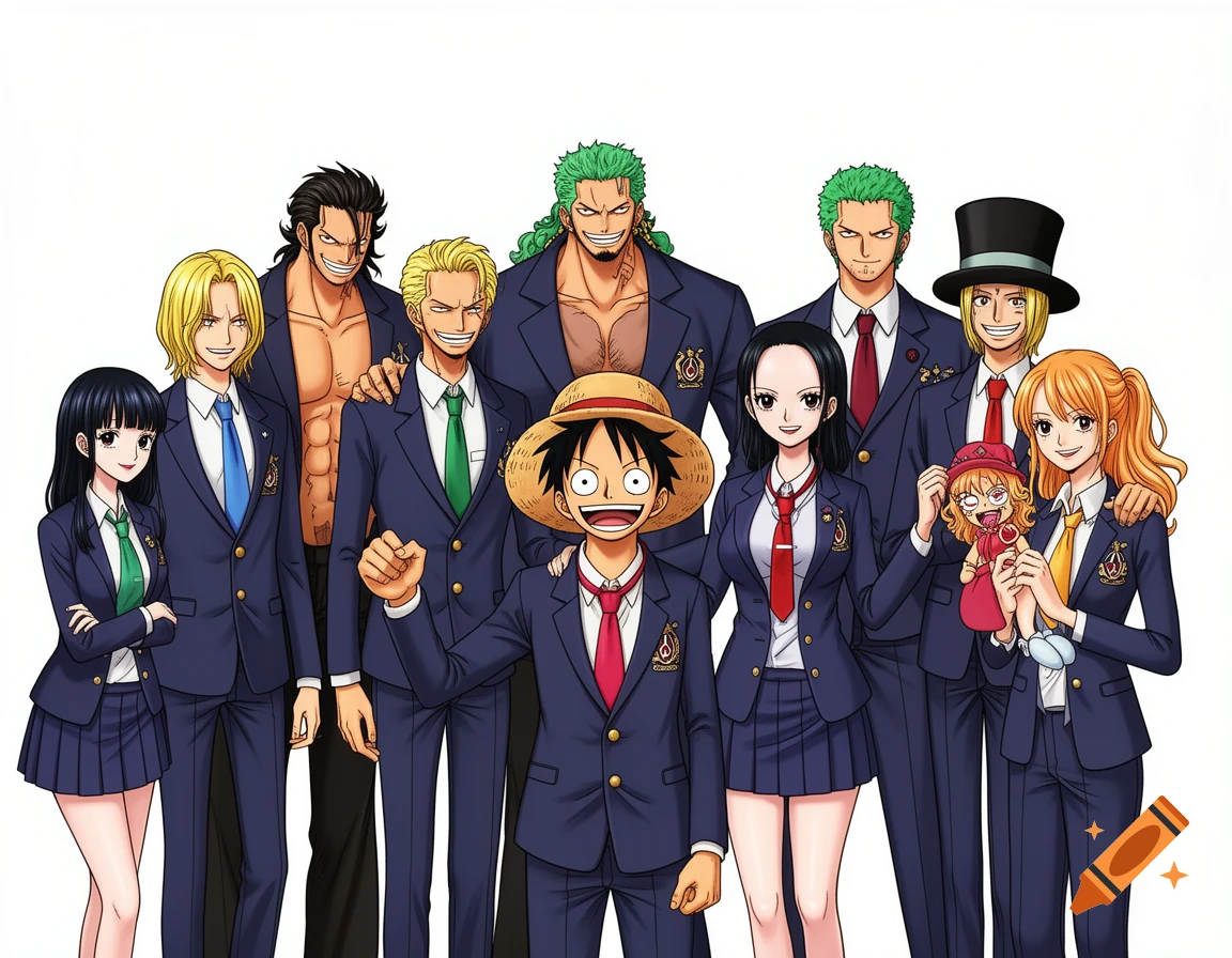 Group of One Piece anime characters, including Luffy, Zoro, Sanji, Robin, Sabo, and Nami, wearing school uniforms with blazers and ties, standing against a white background.