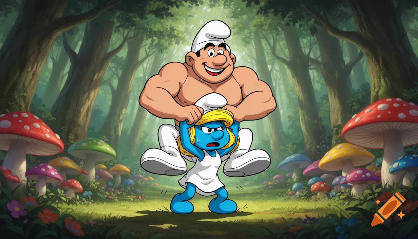 Smurfette strains to carry a muscular, smiling Hefty Smurf on her shoulders through a vibrant fantasy forest with colorful mushrooms.