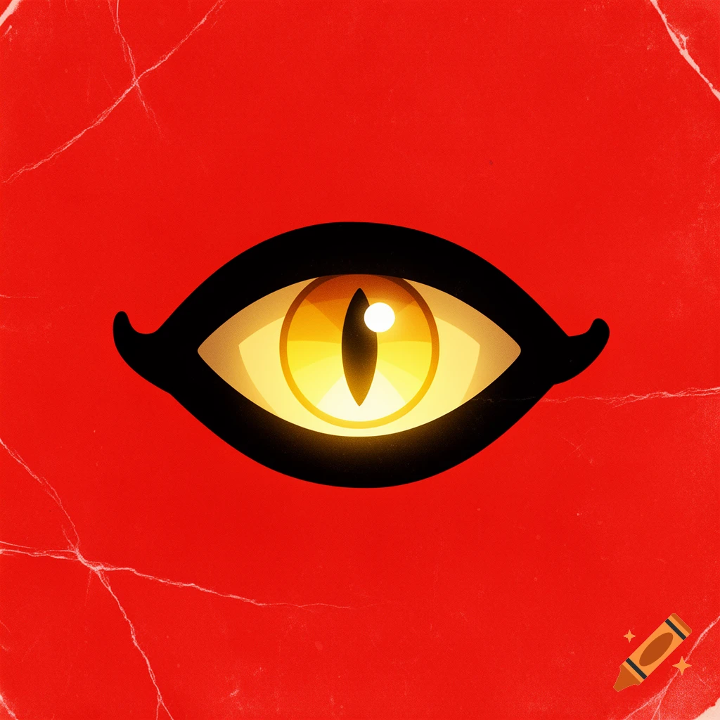 A glowing yellow snake eye in a black silhouette on a scuffed red background, in a 2D cartoon style.