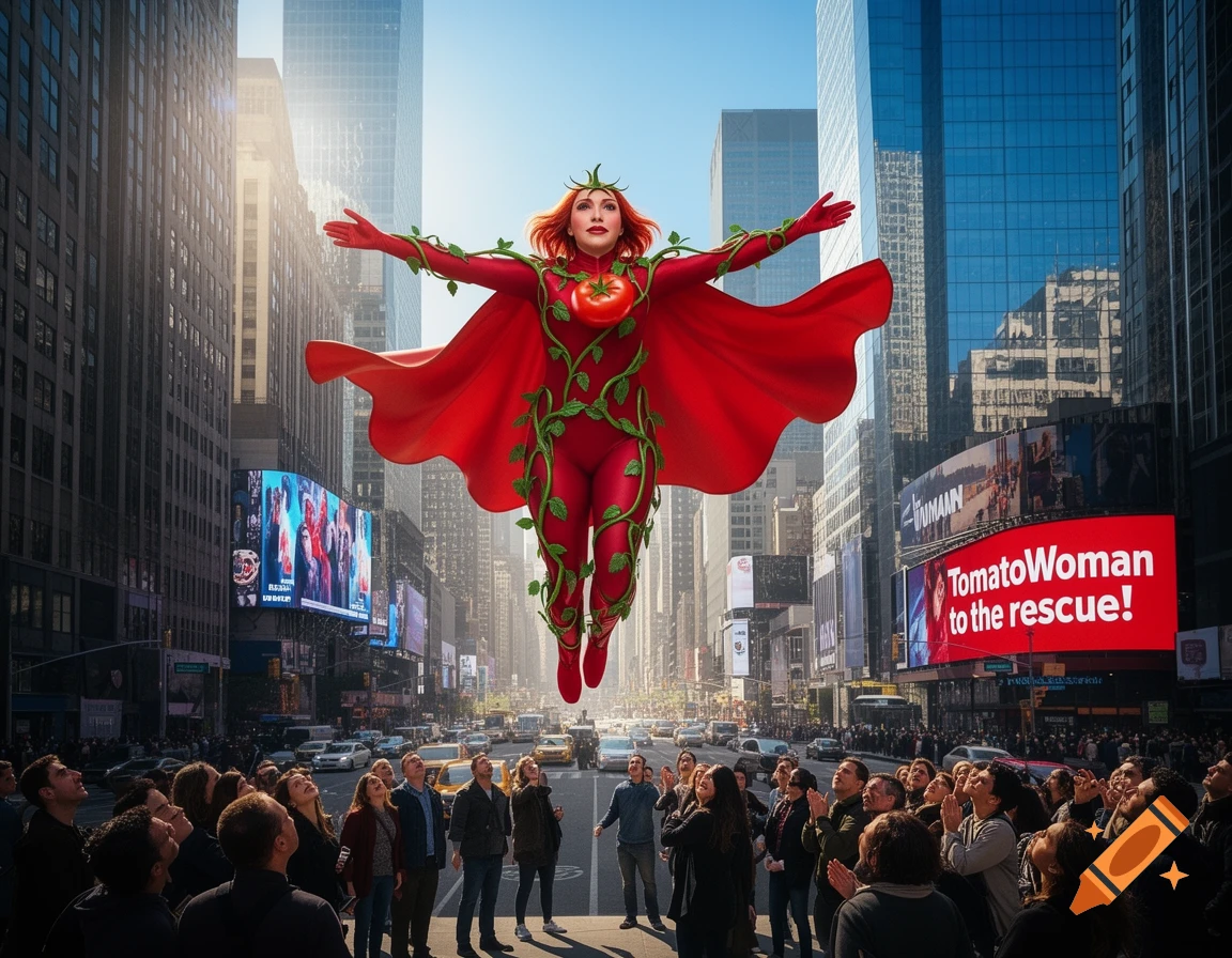Photorealistic image of TomatoWoman, a superhero in a red and green costume, flying above a busy city street with onlookers below.